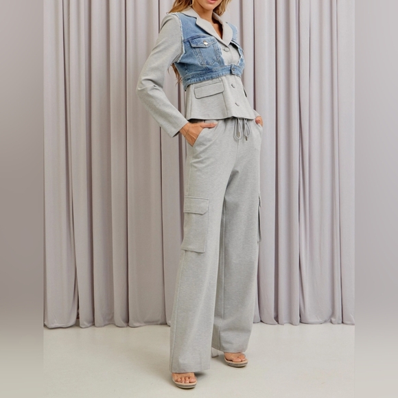#494 SALE 🛑120 S,L HIGH END Mixed Fabric Denim Jacket+Pants Set - Picture 4 of 8